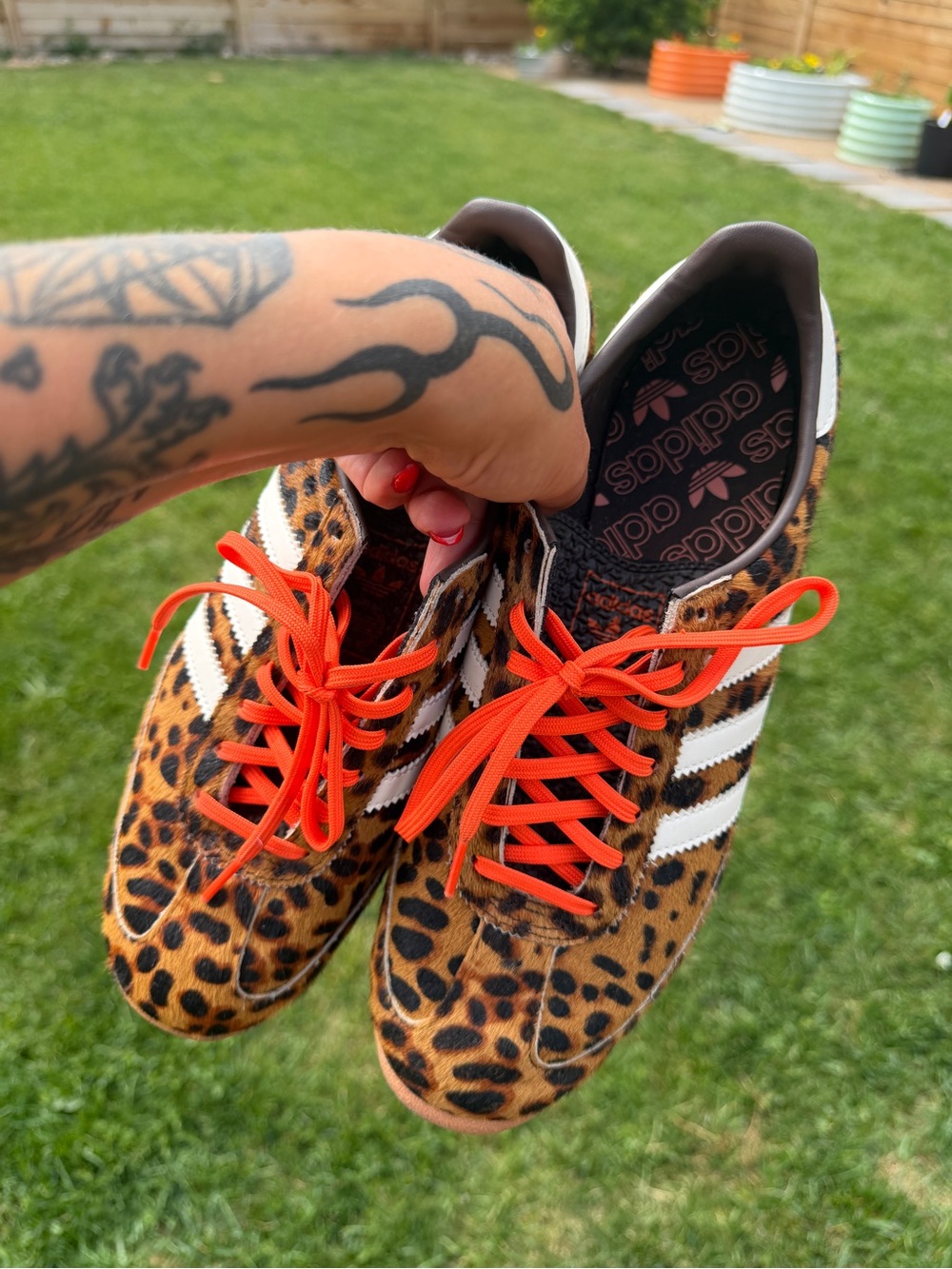adidas Leopard Print Sneaker with White Stripes and Orange Accents - Picture 2 of 5